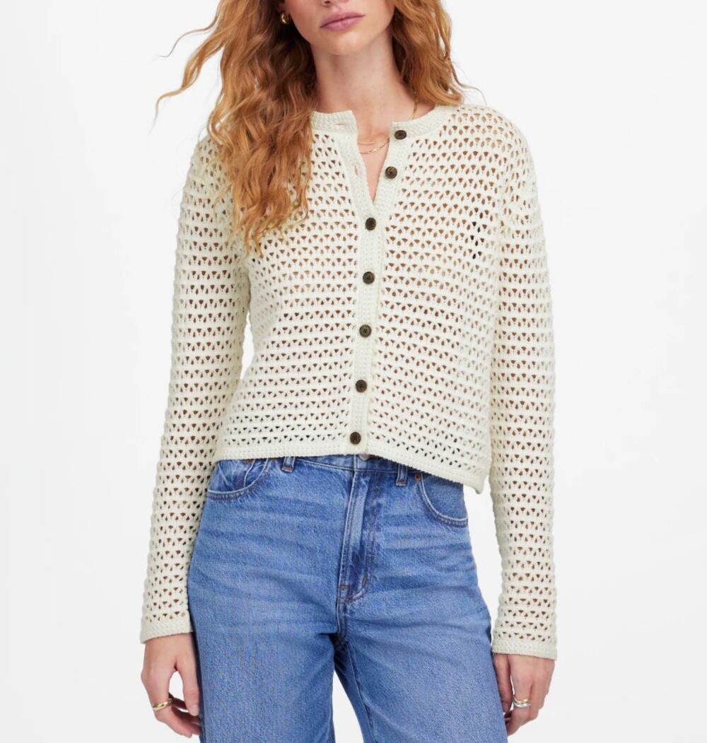 Madewell Open-Stitch Crewneck Sweater Womens L White Button Front Cropped Cotton
